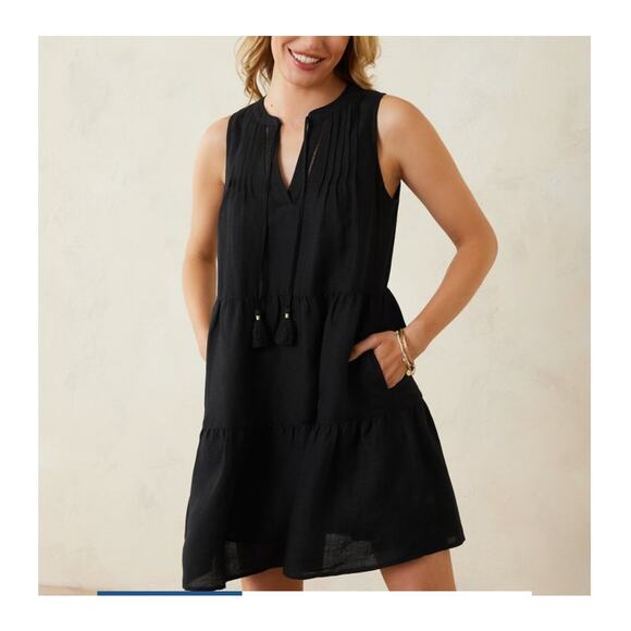Tommy Bahama St. Lucia Linen-Blend Tiered Coverup Dress size M black pockets - Picture 1 of 7